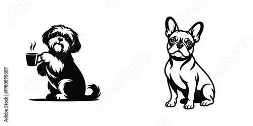 Black and white illustration of two cute dogs sitting