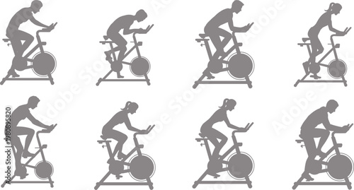Flat Vector Silhouette People Cycling Stationary Bike Gym Fitness Exercise Workout Gray Tone