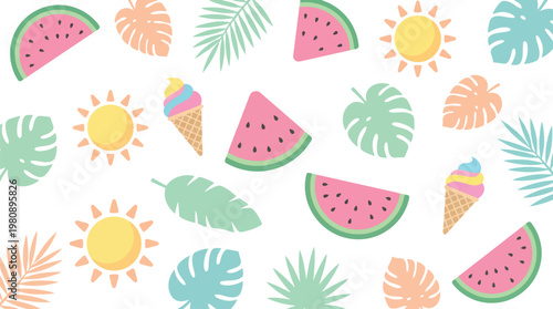 Summer tropical pattern with watermelon slices and ice cream cones. Features various palm leaves and bright sun icons. Flat vector illustration for seasonal backgrounds and vacation themes.