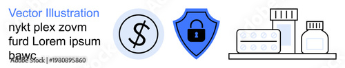 Finances, cybersecurity, healthcare, digital protection, pharmaceutical products, medical icons. A dollar symbol, shield with a lock and medicine containers. Finances and cybersecurity concept