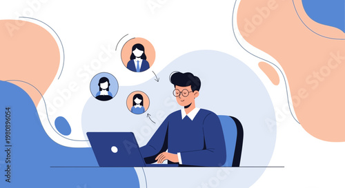 Man working on laptop with team members connected online, remote work concept