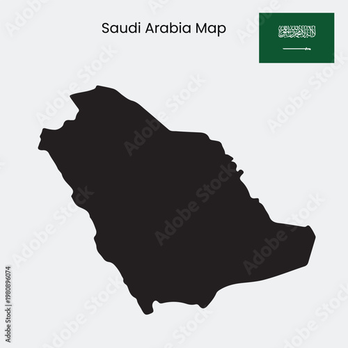 A black silhouette map of Saudi Arabia with its national flag on a white background