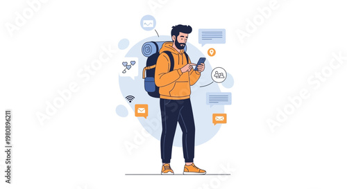 Man with backpack using smartphone, surrounded by communication icons and messages