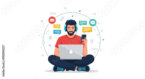 Man with headphones using laptop and smartphone, surrounded by communication icons