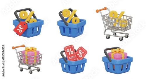 Vector illustration of 3d shopping icons set with baskets, carts, discount signs and gift boxes on a transparent background