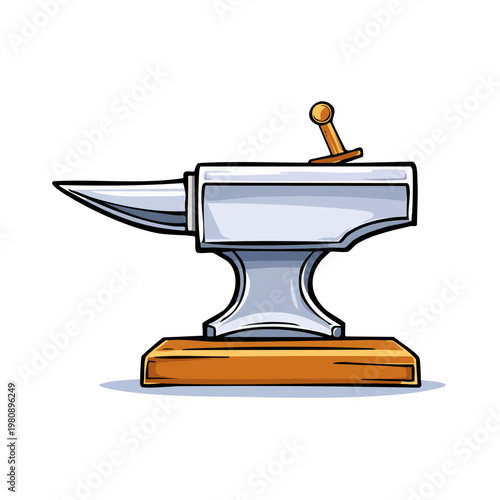 Sturdy blacksmith anvil with hammer resting on top, isolated on white background