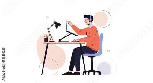 Man with headphones working on laptop at desk, modern illustration