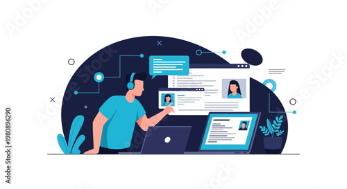 Man with headphones working on laptops and digital interfaces, online communication concept