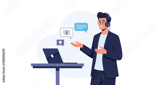 Man with headset and laptop, online communication, business meeting, idea generation
