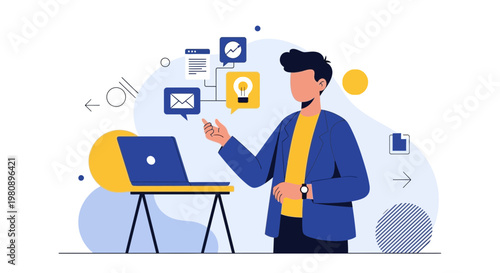 Man with Laptop and Icons: Business, Ideas, Communication, Strategy, Planning