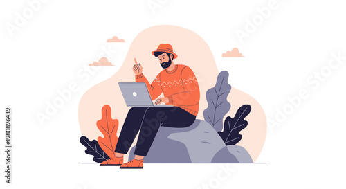 Man with laptop working outdoors on a rock, surrounded by plants