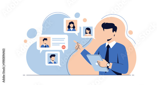 Man with tablet connecting with people online via video call and chat