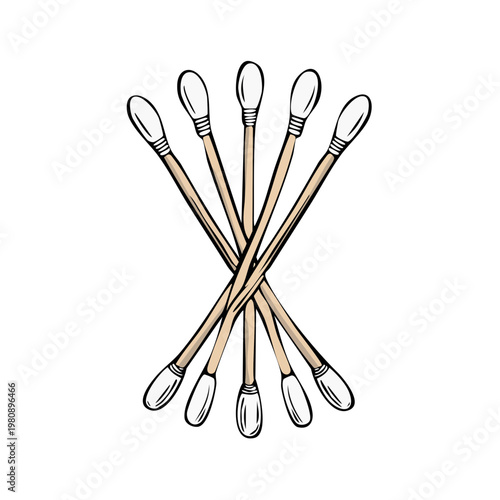 Wooden cotton swabs arranged in an X shape with white tips detailed sketch art