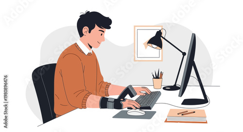 Man with wrist brace working on computer, ergonomic setup for comfort and support