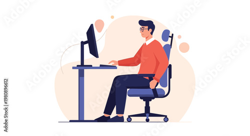 Man working on computer at desk in ergonomic chair, modern office illustration