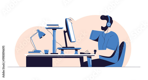 Man working on computer with headphones at desk, illustration