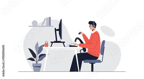 Man Working on Computer with Headphones in Modern Office Setting