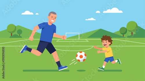 This flat design illustration captures the joy and energy of a father and child playing soccer together in a field, representing shared hobbies, active lifestyles, and family fun.