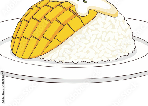 A plate of rice and sliced mango.