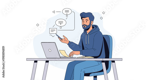 Man working on laptop and phone, flowchart on screen, remote work concept