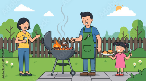 A delightful flat design illustration of a father grilling barbecue for his family in the backyard, symbolizing togetherness, celebration, and the enjoyment of shared meals. 