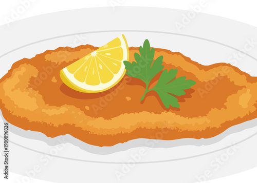 Delicious breaded and fried chicken cutlet with lemon and parsley.
