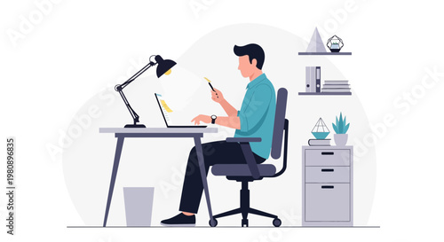 Man working on laptop and phone at desk, home office setup, illustration