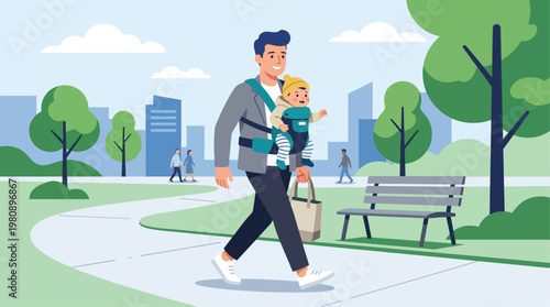 This flat design illustration showcases a modern father carrying his baby in a front carrier, representing engaged fatherhood, parental bonding, and contemporary family life.