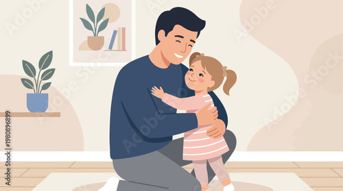 A tender flat design illustration capturing a father and children in a loving embrace, symbolizing affection, security, and the special bond they share. It conveys warmth and emotional connection.