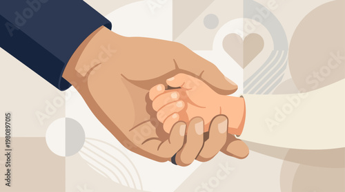 A poignant flat design illustration focusing on a father's strong hand gently holding his child's small hand, symbolizing protection, love, and the unbreakable bond of family. 
