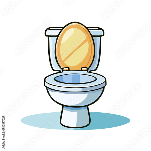 Cartoon Toilet Bowl with Yellow Lid and Seat, Isolated on White Background