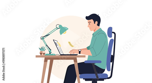 Man working on laptop at desk with lamp and plant, home office, remote work concept
