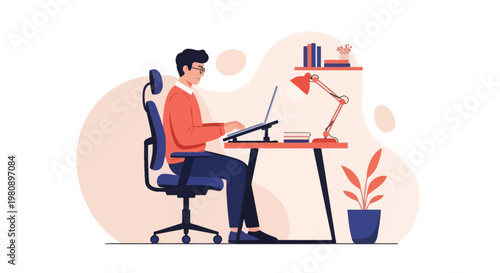 Man Working on Laptop at Desk with Lamp and Plant, Home Office Illustration