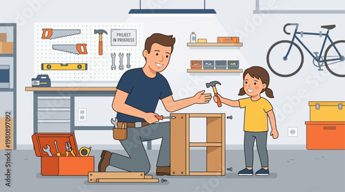 This dynamic flat design illustration shows a father involved in a DIY project with his child observing, symbolizing hands-on learning, shared hobbies, and the practical side of fatherhood. 