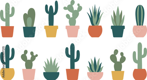 Minimalist potted cactus and succulent plant collection. Features various desert plants in terracotta, pink, and yellow pots. Flat vector illustration for home decor and botanical themes.