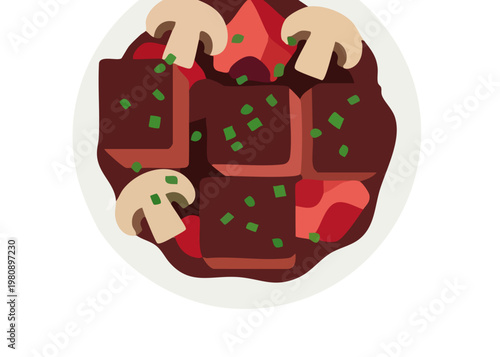 Delicious steak with mushrooms and herbs.