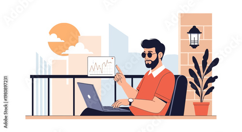 Man working on laptop on balcony with city view, stock market chart on screen