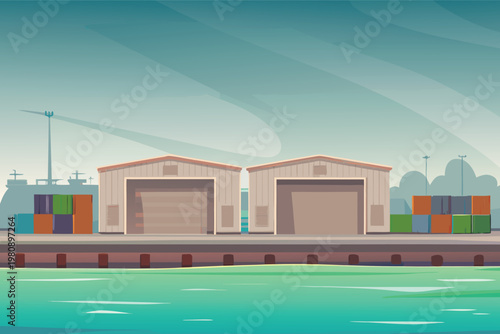 Dockside Warehouse Scene Vector Illustration of l