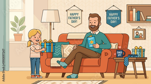 A delightful flat design illustration of a father relaxing on a couch, surrounded by thoughtful Father's Day gifts, symbolizing appreciation, celebration, and family love. 