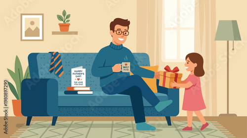 A delightful flat design illustration of a father relaxing on a couch, surrounded by thoughtful Father's Day gifts, symbolizing appreciation, celebration, and family love. 