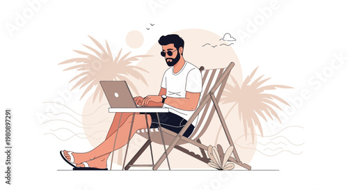 Man working on laptop on beach chair, remote work, vacation, palm trees, sunny day