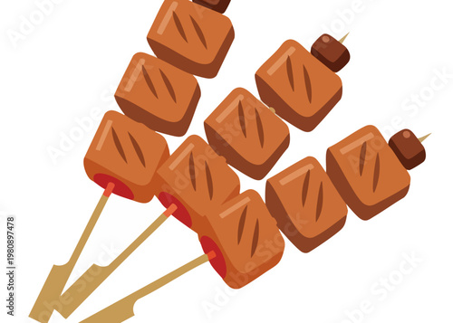 Grilled meat skewers on wooden sticks.