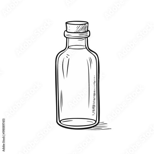 Minimalist sketch of an empty glass bottle with a cork stopper, hand-drawn illustration