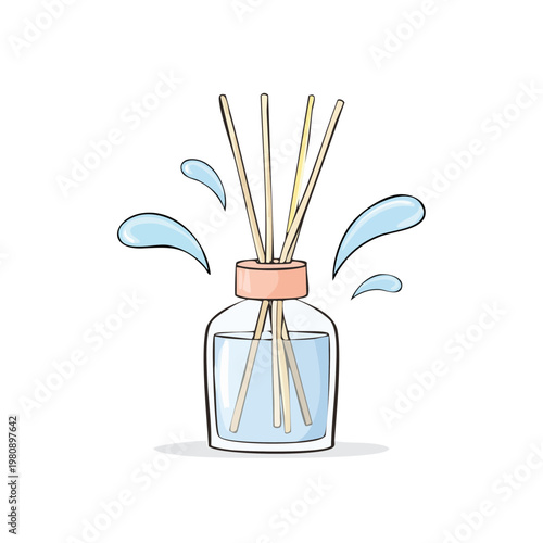 Aromatherapy diffuser with reeds and water splashes releasing fragrance and scent into the air