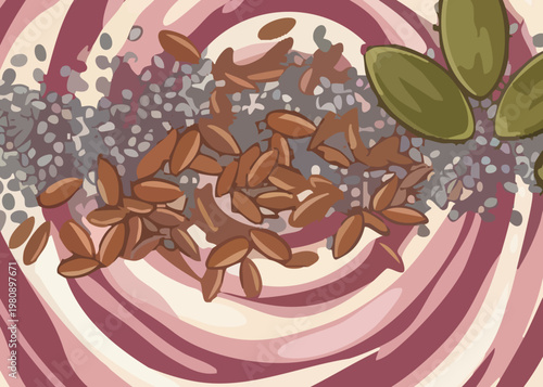Illustration of assorted seeds and grains.