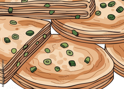 A stack of flatbreads with green onions.