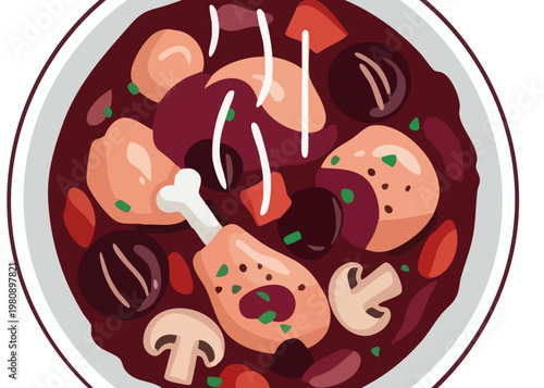 A bowl of stew with chicken and vegetables.