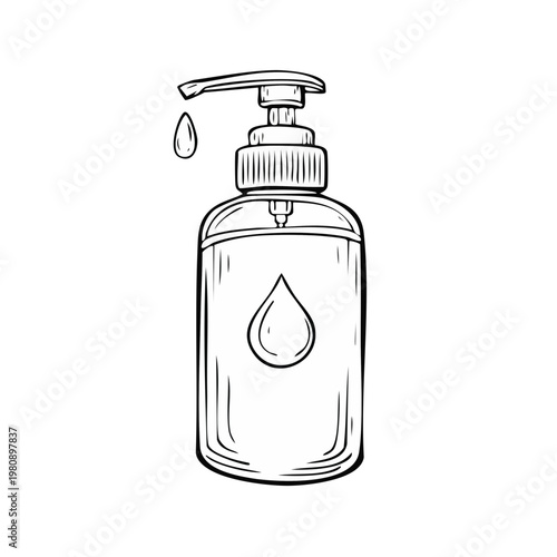 Hand sanitizer bottle dispenser with liquid drop graphic in a sketch style illustration