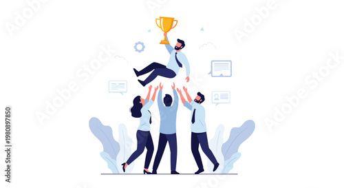 Business team celebrating victory by throwing their successful colleague holding a gold trophy into the air for achievement and success.