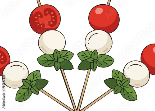 Colorful illustration of mozzarella cheese and tomato skewers with basil leaves.